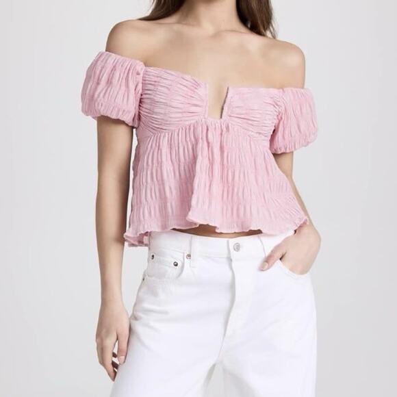 Astr Tops - Astr Nalda Crinkle Puff Sleeve Off The Shoulder Top Pink Small Babydoll Ruffle